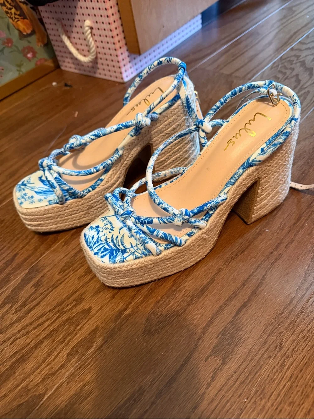 Lulu's Blue & White Floral Braided Platform Sandals
